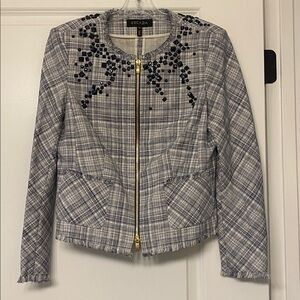 Escada Blue Plaid Blazer with Black Embellishments